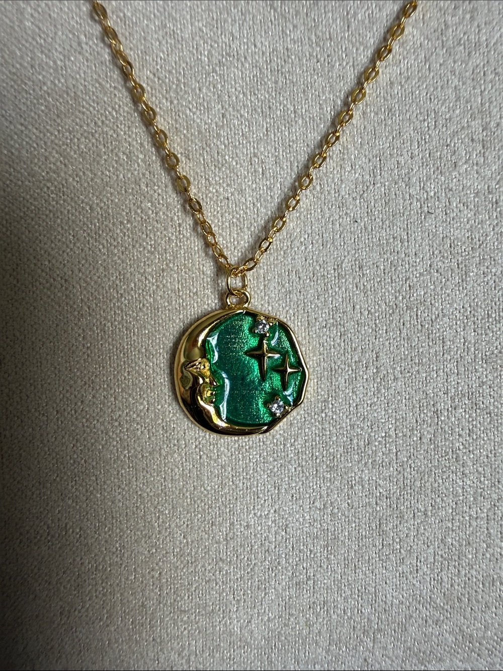 Gold plated Sterling Pendant Necklace with Green Enamel Moon & Star Design